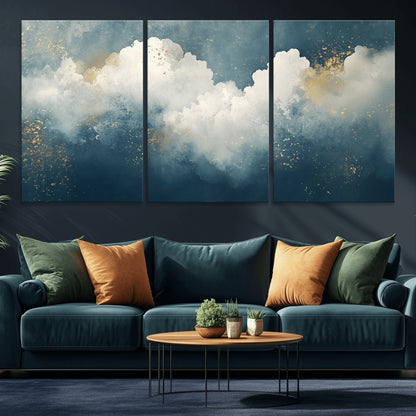 75131-MGV-CV-36X24-Abstract Cloud Wall Art – Modern Canvas Print Featuring Blue and White Clouds with Golden Accents, Contemporary Artwork for Living
