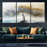 24771-MGV-CV-36X24-Silver Tree Wall Art Canvas Print, Framed Golden Leaves Art Picture Print, Metallic Tree Perfect Minimalist Luxury Decor Artwork