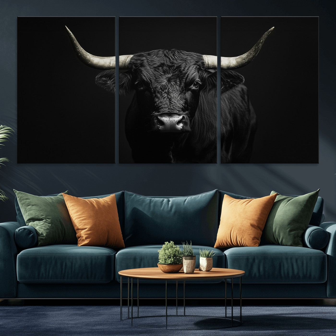 97914921-MGV-CV-36X24-Black Bull Wall Art Canvas Print, Framed Longhorn Bull Art Picture Print, Western Bull Perfect Monochrome Western Decor Artwork