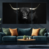 97914921-MGV-CV-36X24-Black Bull Wall Art Canvas Print, Framed Longhorn Bull Art Picture Print, Western Bull Perfect Monochrome Western Decor Artwork