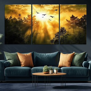 13776802-MGV-CV-36X24-Golden Forest Wall Art Canvas Print, Framed Sunset Pines Art Picture Print, Flying Birds Perfect Nature Glow Decor Artwork