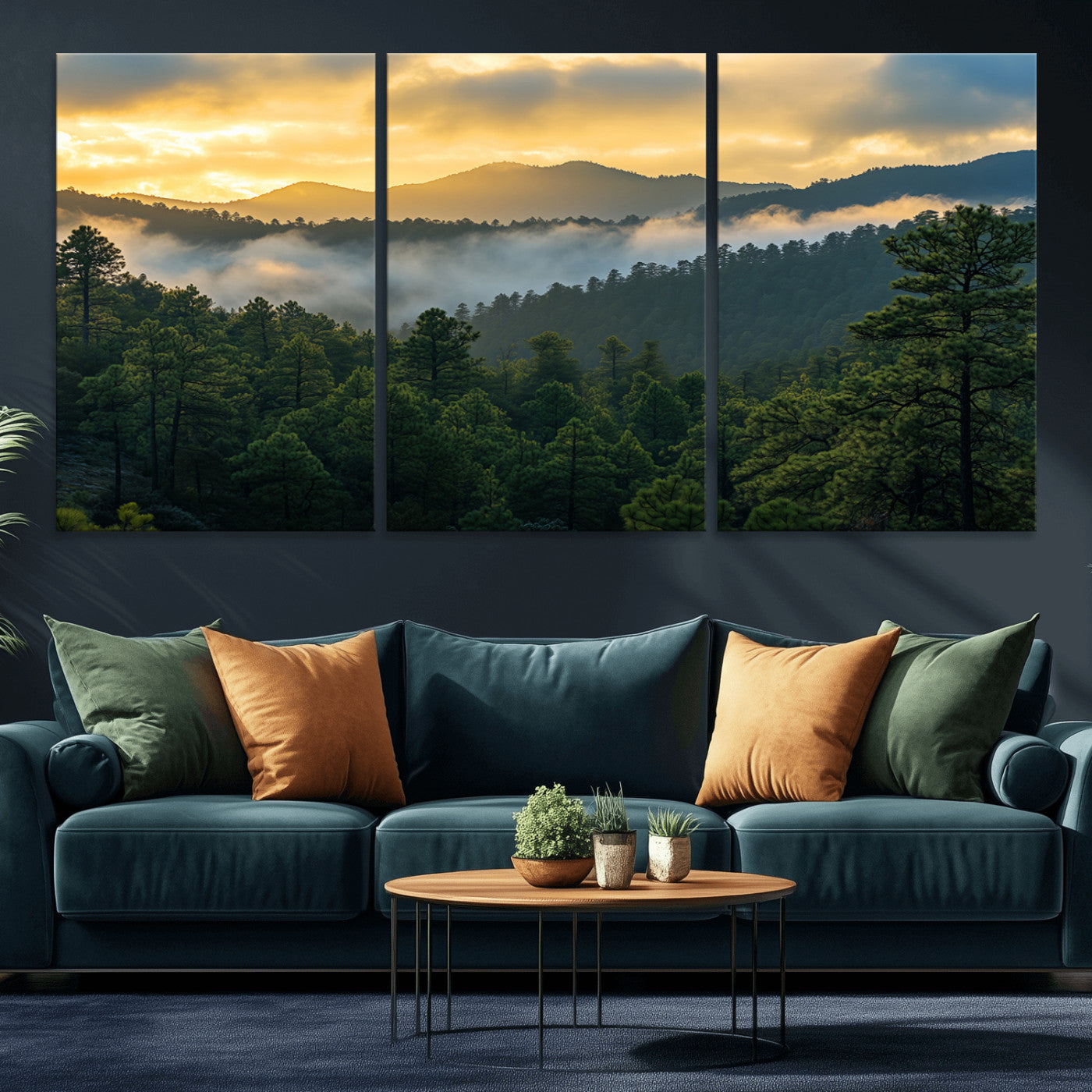 68082278-MGV-CV-36X24-Mountain Sunrise Wall Art Canvas Print, Framed Pine Forest Art Picture Print, Misty Mountains Perfect Earthy Woodland Decor