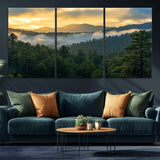 68082278-MGV-CV-36X24-Mountain Sunrise Wall Art Canvas Print, Framed Pine Forest Art Picture Print, Misty Mountains Perfect Earthy Woodland Decor