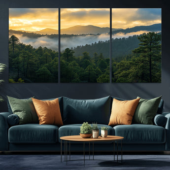 68082278-MGV-CV-36X24-Mountain Sunrise Wall Art Canvas Print, Framed Pine Forest Art Picture Print, Misty Mountains Perfect Earthy Woodland Decor