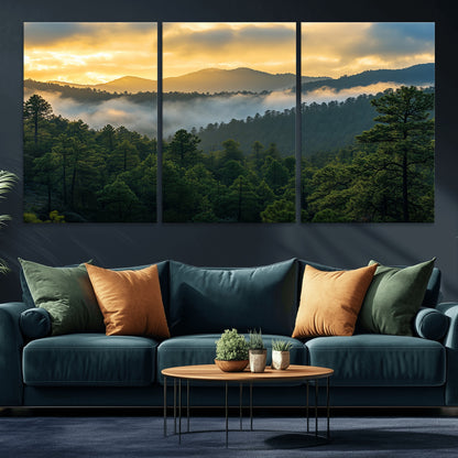 68082278-MGV-CV-36X24-Mountain Sunrise Wall Art Canvas Print, Framed Pine Forest Art Picture Print, Misty Mountains Perfect Earthy Woodland Decor