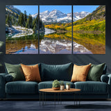 87724099-MGV-CV-36X24-Maroon Bells Wall Art Canvas Print, Framed Snowy Mountains Art Picture Print, Pine Forest Perfect Vibrant Alpine Decor Artwork