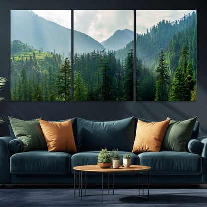 83417191-MGV-CV-36X24-Misty Mountain Forest Wall Art – Pine Tree Landscape Canvas Print, Nature Photography Panorama, Tranquil Green Forest Décor for