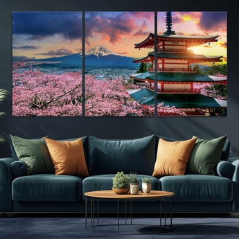 32331262-MGV-CV-36X24-Mount Fuji Japan Wall Art – Cherry Blossom Landscape Canvas Print, Chureito Pagoda Sunset Photography, Japanese Nature Travel