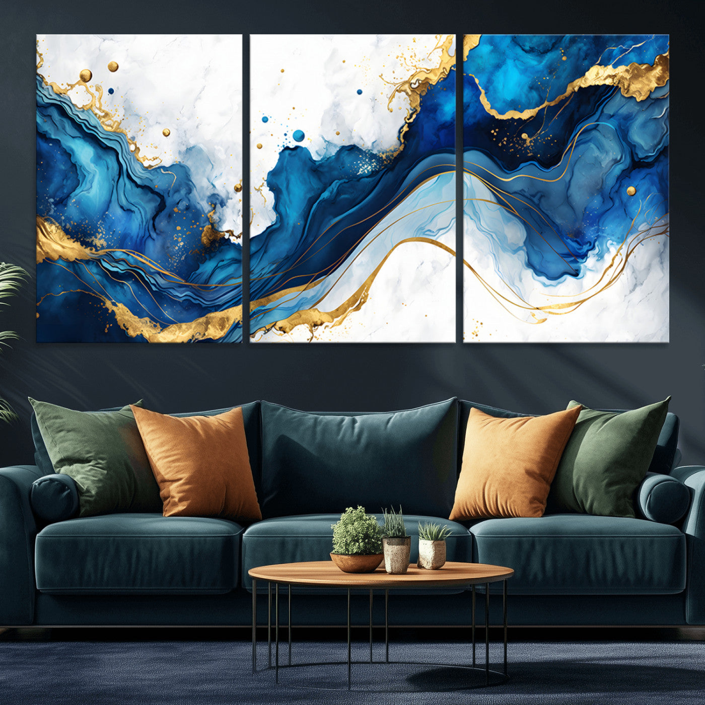 33506371-MGV-CV-36X24-Blue Marble Wall Art Canvas Print, Framed Gold Splash Art Picture Print, Abstract Wave Perfect Modern Luxe Decor Artwork