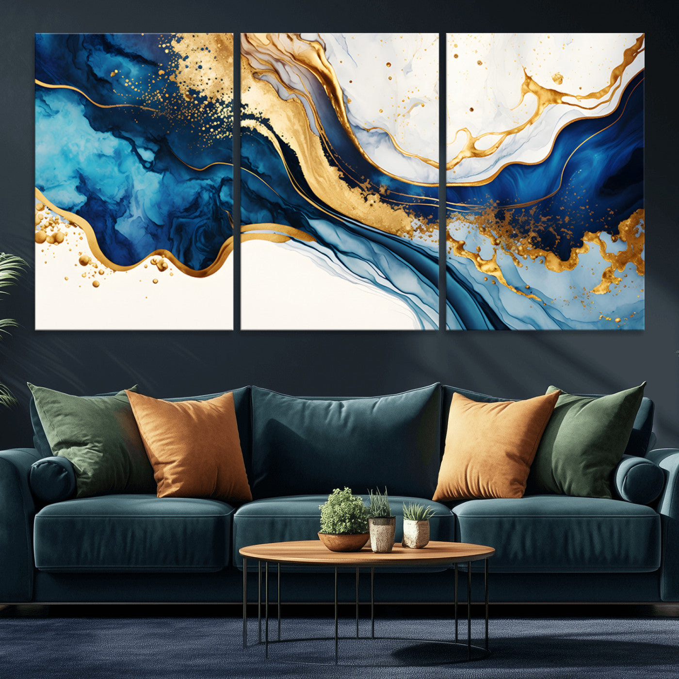 60283636-MGV-CV-36X24-Blue Gold Flow Wall Art Canvas Print, Framed Marble Texture Art Picture Print, Elegant Splash Perfect Elegant Abstract Decor