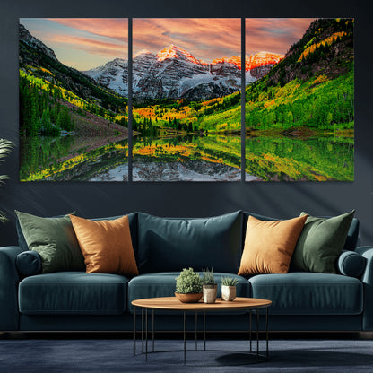 59533484-MGV-CV-60X30-3P-Maroon Bells Autumn Wall Art – Panoramic Mountain Landscape Canvas Print, Sunset Reflection Nature Artwork for Living Room, Office