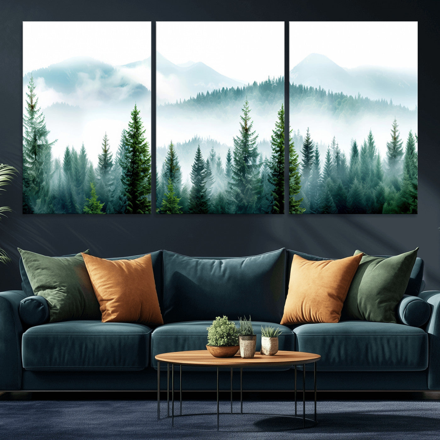 16716676-MGV-CV-36X24-Pine Forest Wall Art Canvas Print, Framed Misty Mountains Art Picture Print, Foggy Trees Perfect Moody Forest Decor Artwork