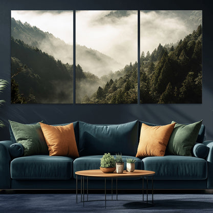 57570237-MGV-CV-36X24-Misty Valley Wall Art Canvas Print, Framed Foggy Forest Art Picture Print, Pine Trees Perfect Moody Woodland Decor Artwork