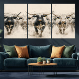 61538944-MGV-CV-36X24-Texas Longhorn Wall Art Canvas Print, Framed Cattles Walking Art Picture Print, Black White Bulls Perfect Rustic Western Decor