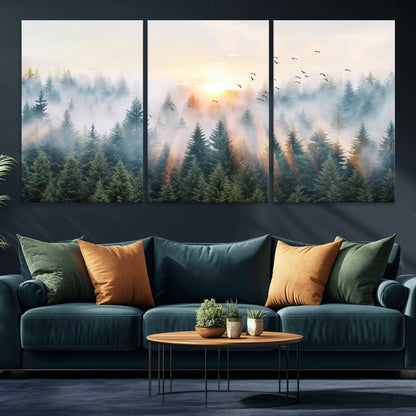 92718976-MGV-CV-36X24-Misty Forest Wall Art Canvas Print, Framed Sunrise Pines Art Picture Print, Foggy Woodland Perfect Moody Woodland Decor Artwork