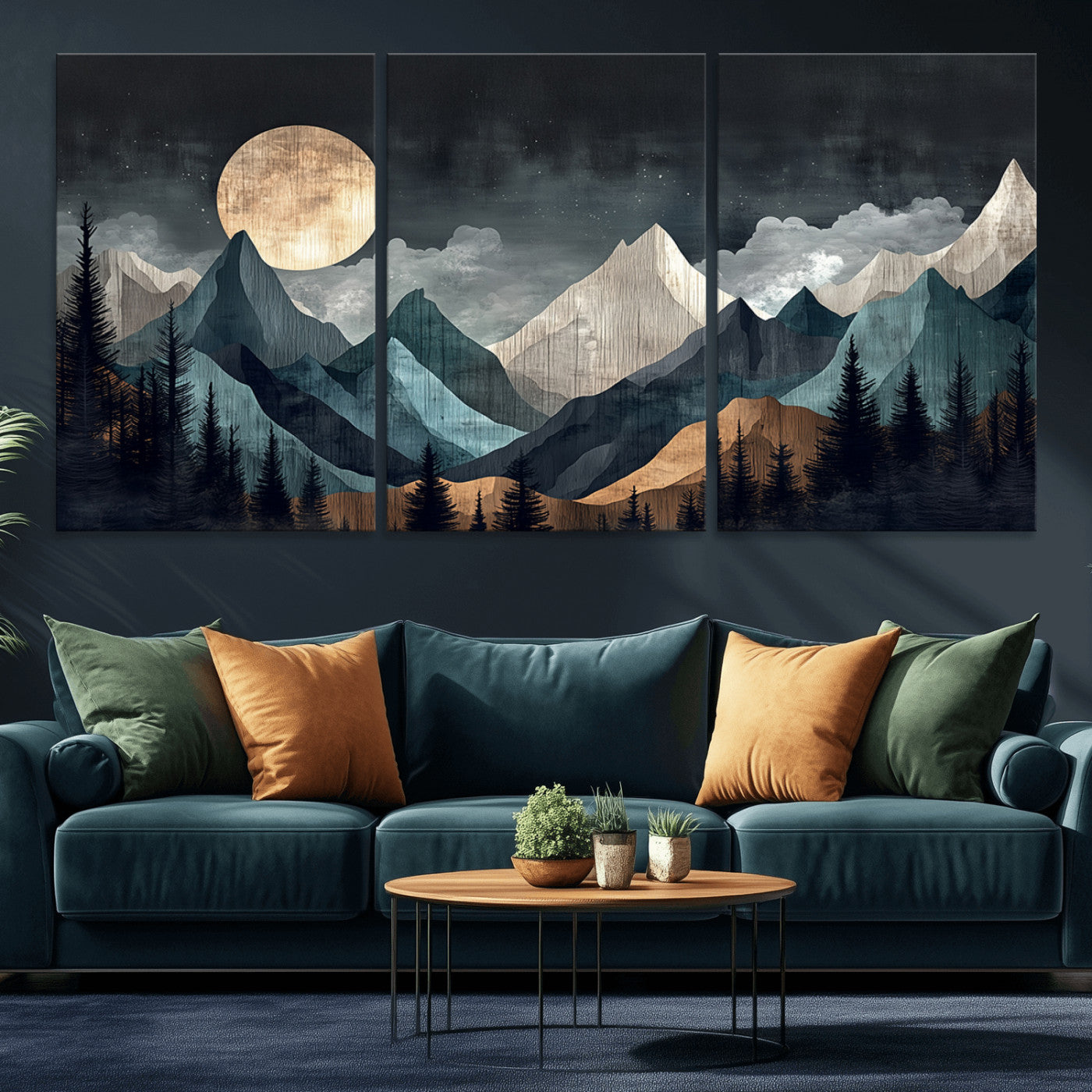 11060882-MGV-CV-36X24-Moonlit Mountains Wall Art Canvas Print, Framed Forest Silhouette Art Picture Print, Night Landscape Perfect Modern Forest Decor