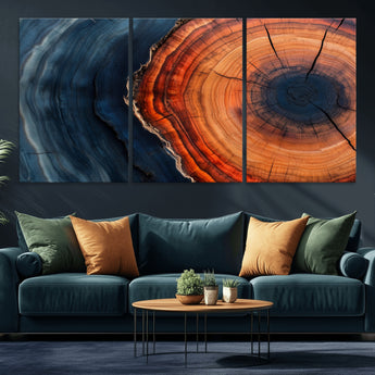 57732250-MGV-CV-36X24-Tree Ring Abstract Wall Art – Blue Orange Wood Grain Canvas Print, Modern Rustic Nature Artwork for Living Room, Office,