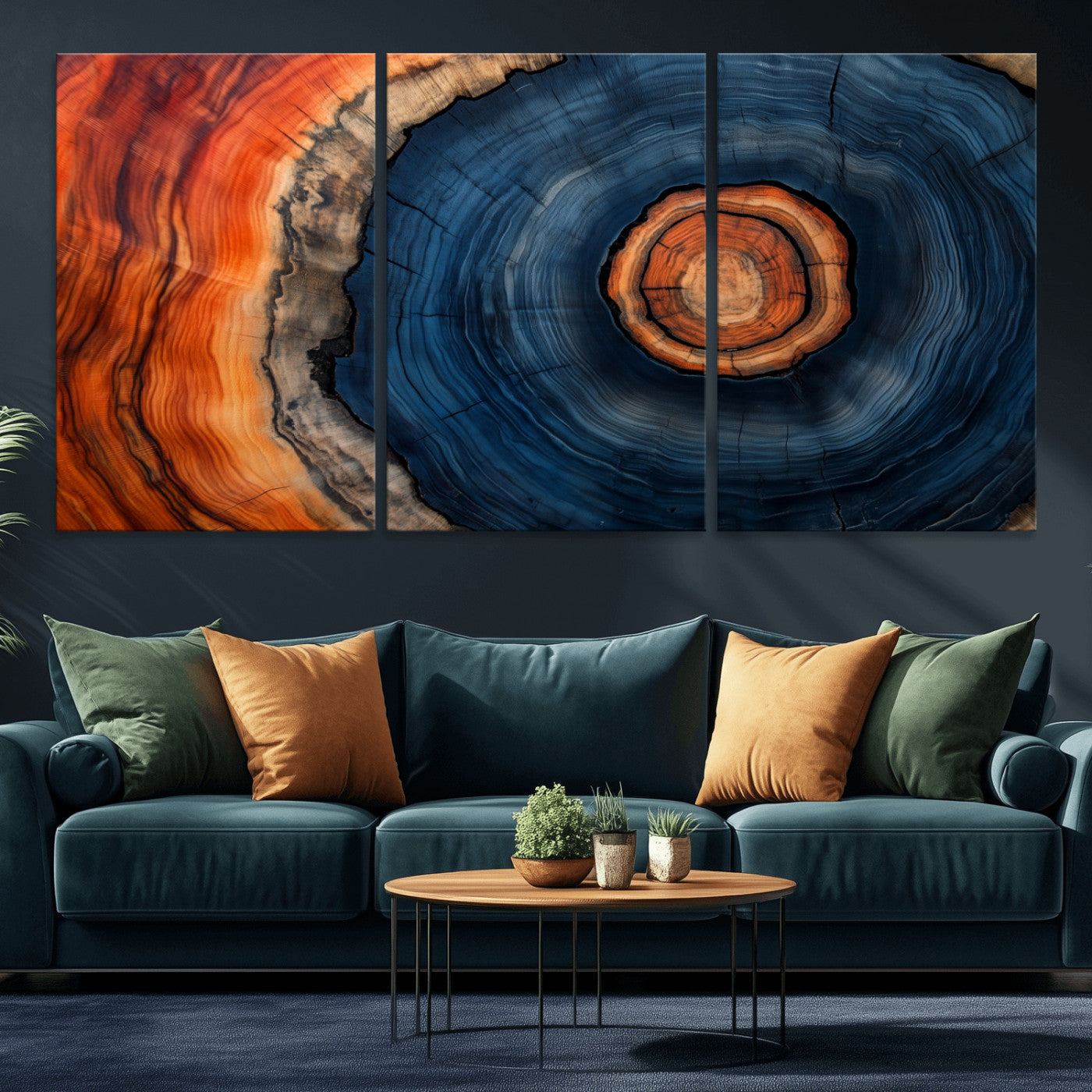 72209152-MGV-CV-36X24-Abstract Tree Ring Wall Art – Vibrant Blue Orange Wood Grain Canvas Print, Rustic Modern Nature Artwork for Living Room, Office,