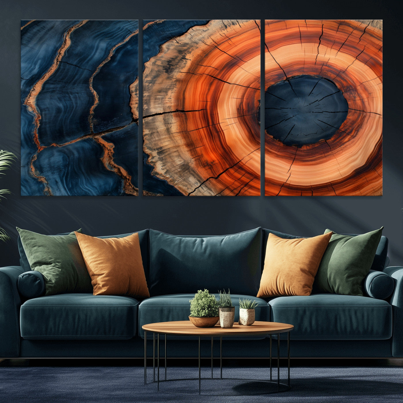 41123192-MGV-CV-36X24-Tree Ring Canvas Wall Art – Abstract Blue Orange Wood Grain Print, Rustic Modern Nature Artwork for Living Room, Bedroom, Office