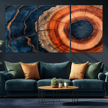 41123192-MGV-CV-36X24-Tree Ring Canvas Wall Art – Abstract Blue Orange Wood Grain Print, Rustic Modern Nature Artwork for Living Room, Bedroom, Office