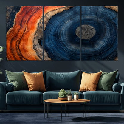 99491700-MGV-CV-36X24-Tree Ring Canvas Wall Art – Blue Orange Abstract Wood Grain Print, Rustic Modern Nature Artwork for Living Room, Office, Bedroom