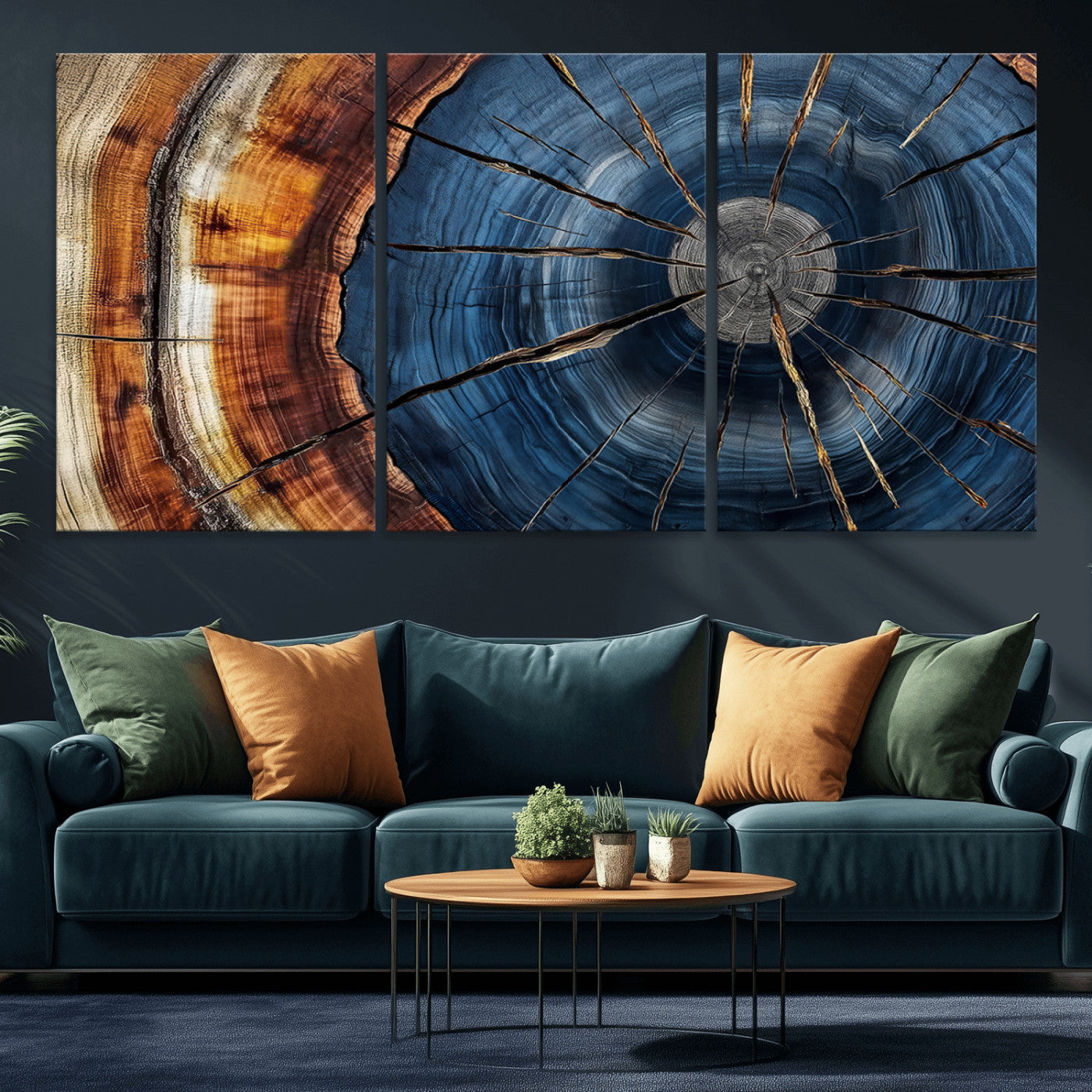 45268471-MGV-CV-36X24-Blue Tree Ring Wall Art – Rustic Wood Cross Section Canvas Print, Modern Abstract Nature Decor for Living Room, Office, or Cabin