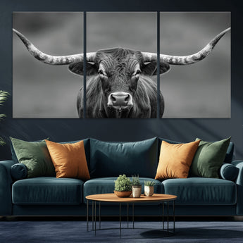81228550-MGV-CV-36X24-Framed Texas Longhorn Bull Art Canvas Print, Western Bull Wall Art Print, Long Horn Bull Photo Print for Log Cabin, Large Bull