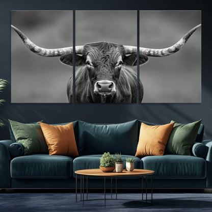 81228550-MGV-CV-36X24-Framed Texas Longhorn Bull Art Canvas Print, Western Bull Wall Art Print, Long Horn Bull Photo Print for Log Cabin, Large Bull