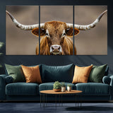 12179171-MGV-CV-36X24-Texas Longhorn Wall Art Canvas Print, Framed Brown Bull Art Picture Print, Lone Cattle Perfect Rustic Western Decor Artwork