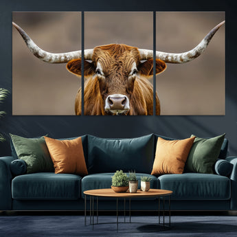 12179171-MGV-CV-36X24-Texas Longhorn Wall Art Canvas Print, Framed Brown Bull Art Picture Print, Lone Cattle Perfect Rustic Western Decor Artwork