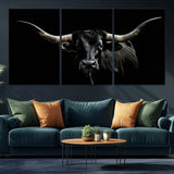 37531960-MGV-CV-36X24-Black Longhorn Bull Wall Art – Dramatic Western Cattle Canvas Print, Rustic Farmhouse Animal Artwork for Living Room, Bedroom,