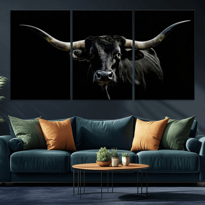 37531960-MGV-CV-36X24-Black Longhorn Bull Wall Art – Dramatic Western Cattle Canvas Print, Rustic Farmhouse Animal Artwork for Living Room, Bedroom,