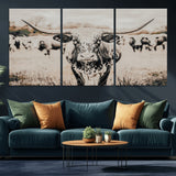 27497342-MGV-CV-36X24-Texas Longhorn Wall Art Canvas Print, Framed Speckled Cow Art Picture Print, Horned Cattle Perfect Rustic Western Decor Artwork