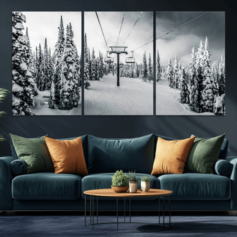 31156828-MGV-CV-36X24-Snowy Pines Wall Art Canvas Print, Framed Ski Lift Art Picture Print, Winter Forest Perfect Moody Lodge Decor Artwork