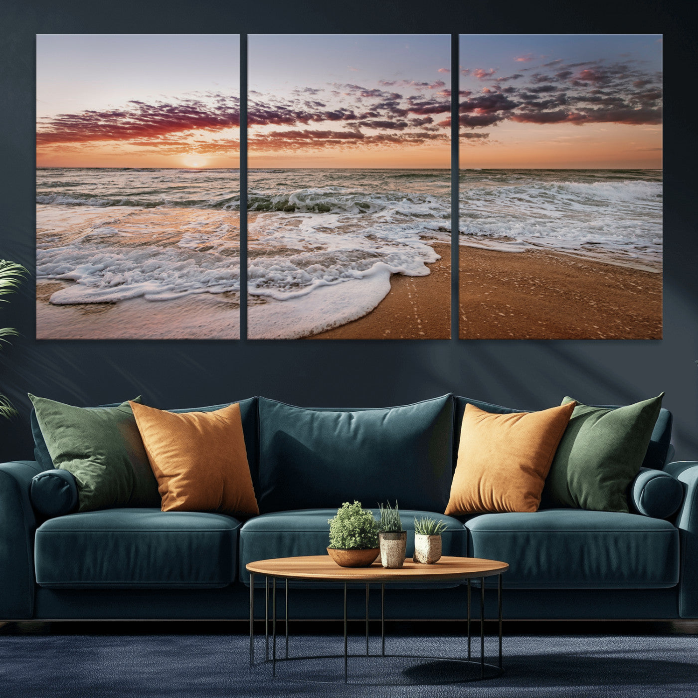 39846389-MGV-CV-36X24-Ocean Sunset Wall Art Canvas Print, Framed Sandy Shore Art Picture Print, Gentle Waves Perfect Minimalist Coastal Decor Artwork