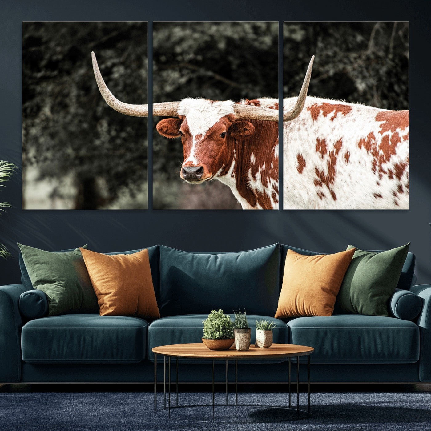 54027638-MGV-CV-36X24-Texas Longhorn Wall Art Canvas Print, Framed Spotted Cow Art Picture Print, Horned Bull Perfect Rustic Western Decor Artwork