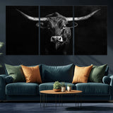 42077175-MGV-CV-36X24-Texas Longhorn Wall Art Canvas Print, Framed Monochrome Bull Art Picture Print, Horned Bull Perfect Rustic Western Decor Artwork