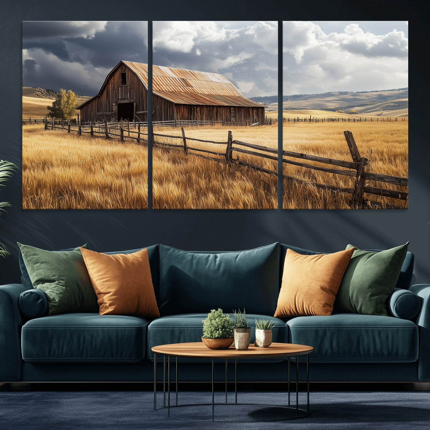 38758826-MGV-CV-36X24-Rustic Barn Wall Art Canvas Print, Framed Moody Barn Art Picture Print, Golden Field Perfect Rustic Farmhouse Decor Artwork
