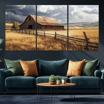 38758826-MGV-CV-36X24-Rustic Barn Wall Art Canvas Print, Framed Moody Barn Art Picture Print, Golden Field Perfect Rustic Farmhouse Decor Artwork