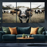 79025945-MGV-CV-36X24-Texas Longhorn Wall Art Canvas Print, Framed Speckled Cow Art Picture Print, Horned Cattle Perfect Rustic Western Decor Artwork