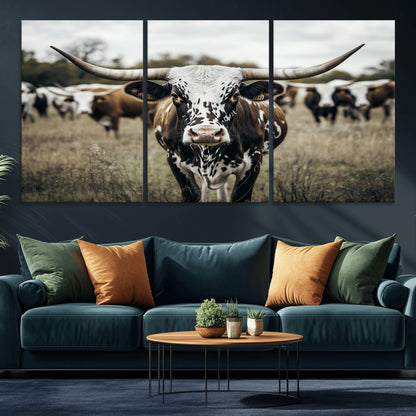 79025945-MGV-CV-36X24-Texas Longhorn Wall Art Canvas Print, Framed Speckled Cow Art Picture Print, Horned Cattle Perfect Rustic Western Decor Artwork