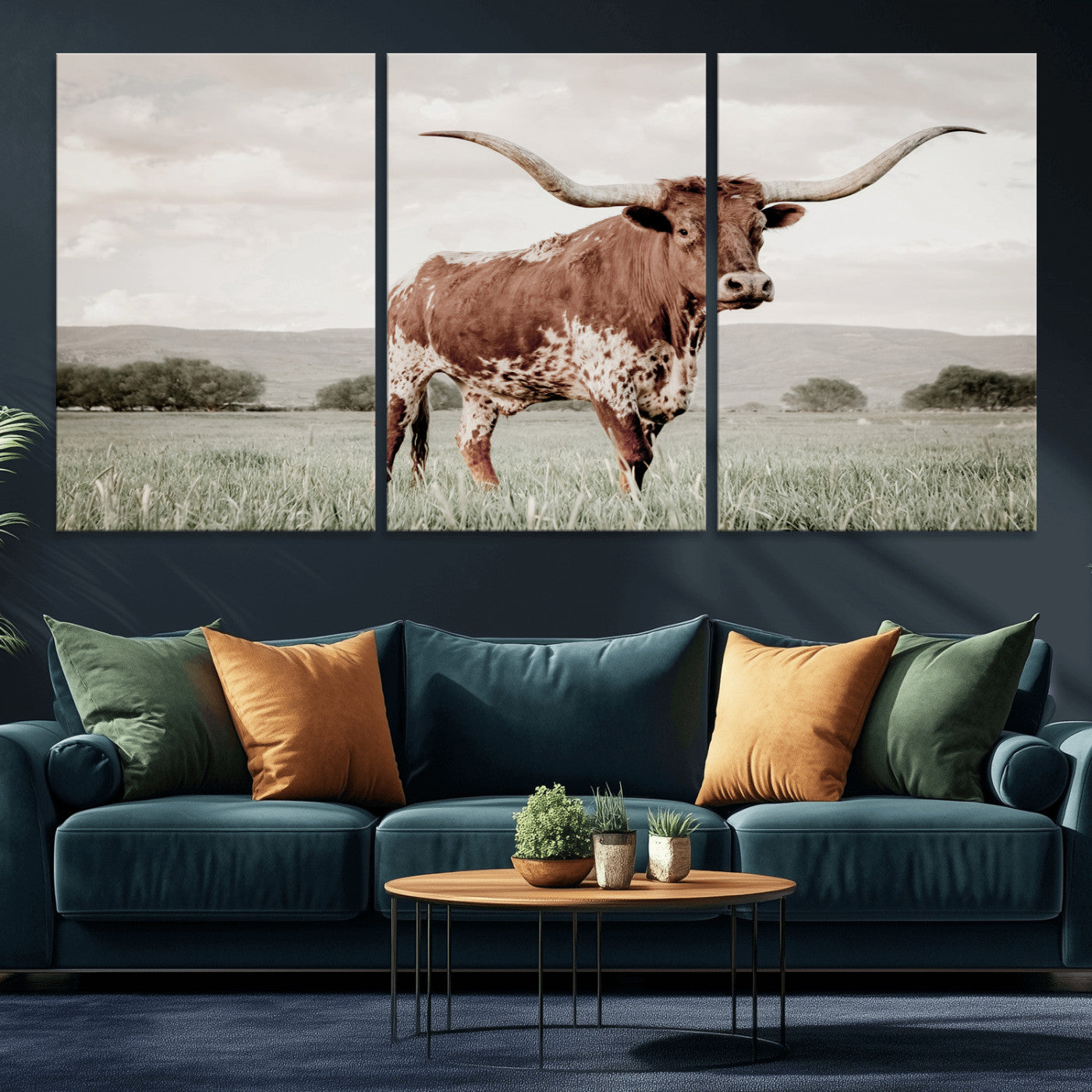 28309012-MGV-CV-36X24-Texas Longhorn Wall Art Canvas Print, Framed Spotted Cattle Art Picture Print, Horned Bull Perfect Rustic Western Decor Artwork