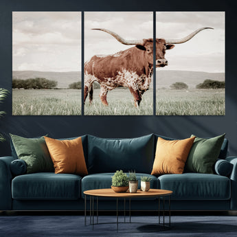 28309012-MGV-CV-36X24-Texas Longhorn Wall Art Canvas Print, Framed Spotted Cattle Art Picture Print, Horned Bull Perfect Rustic Western Decor Artwork