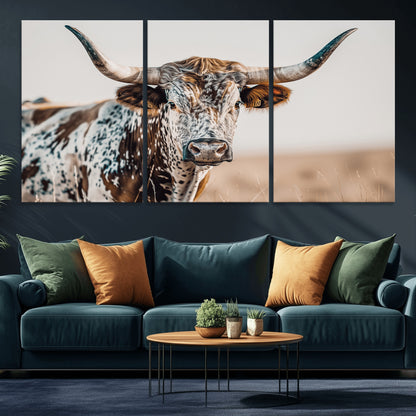 70414966-MGV-CV-36X24-Texas Longhorn Wall Art Canvas Print, Framed Speckled Cow Art Picture Print, Horned Bull Perfect Rustic Western Decor Artwork