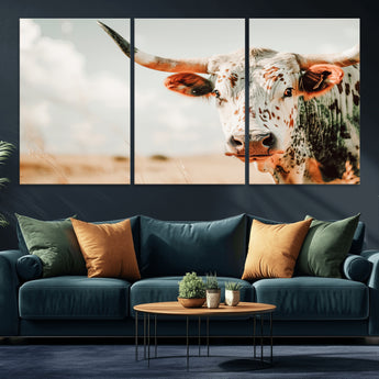 72766375-MGV-CV-36X24-Texas Longhorn Wall Art Canvas Print, Framed Spotted Cow Art Picture Print, Horned Cattle Perfect Rustic Western Decor Artwork