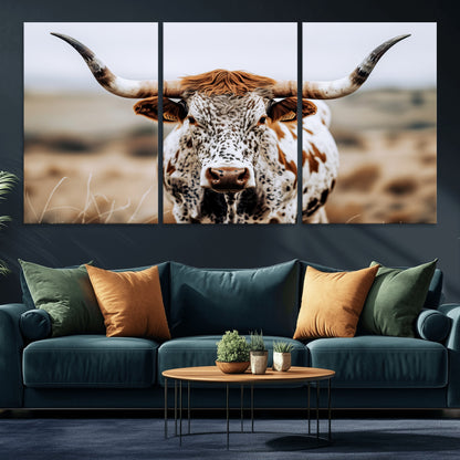 76294381-MGV-CV-36X24-Texas Longhorn Wall Art Canvas Print, Framed Spotted Cow Art Picture Print, Horned Cattle Perfect Rustic Western Decor Artwork