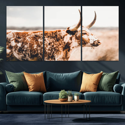 11528295-MGV-CV-36X24-Speckled Longhorn Wall Art Canvas Print, Framed Texas Cattle Art Picture Print, Horned Cow Perfect Rustic Western Decor Artwork