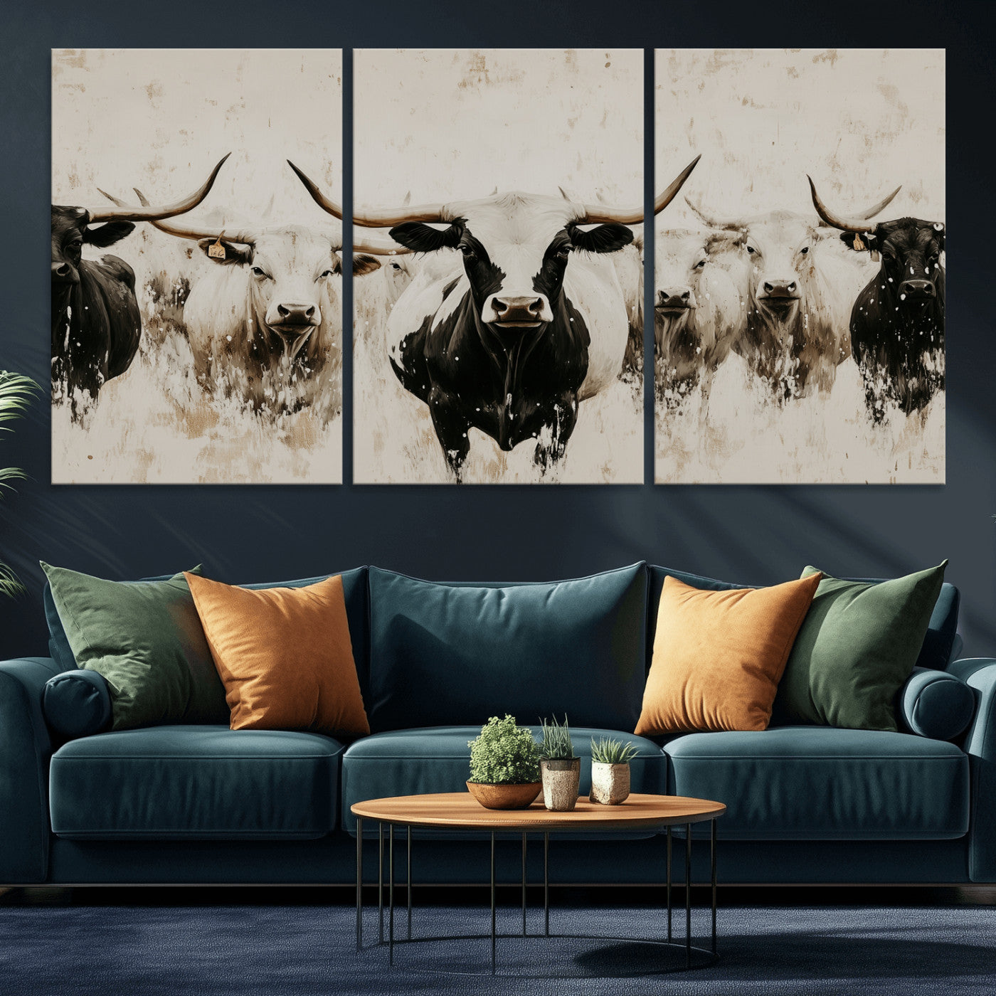 12027562-MGV-CV-36X24-Longhorn Cattle Wall Art Canvas Print, Framed Bison Herd Art Picture Print, Cattle Group Perfect Rustic Farmhouse Decor Artwork