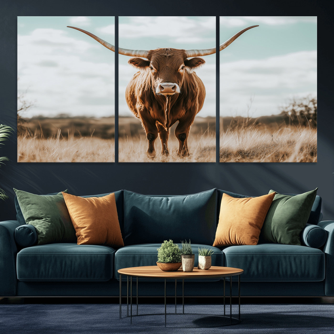 39350715-MGV-CV-36X24-Texas Longhorn Wall Art Canvas Print, Framed Longhorn Cow Art Picture Print, Western Cattle Perfect Rustic Western Decor Artwork