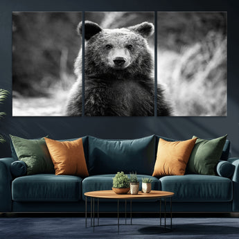 MGV-CV-60X30-3P - Grizzly Bear Wall Art Canvas Print, Framed Black White Bear Art Picture Print, Wild Bear Perfect Rustic Wildlife Decor Artwork